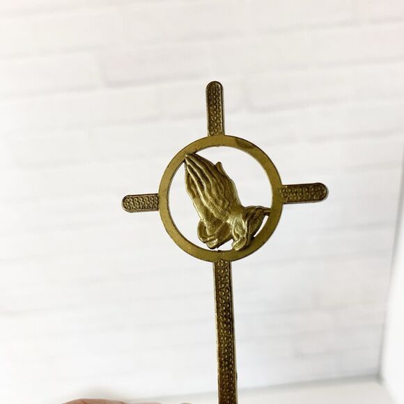 Vintage Brass Prayer Hands Cross Statuette Figure 3 Inch - Picture 4 of 5
